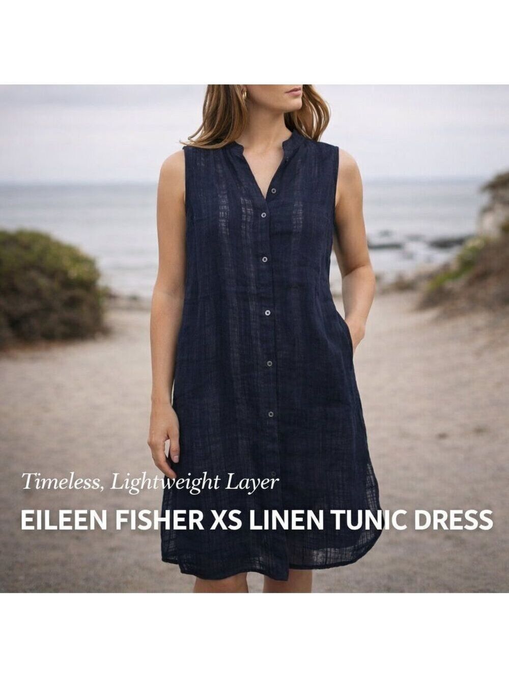 Eileen Fisher XS Linen Sleeveless Tunic Navy Lightweight Layering Dress - Picture 1 of 11